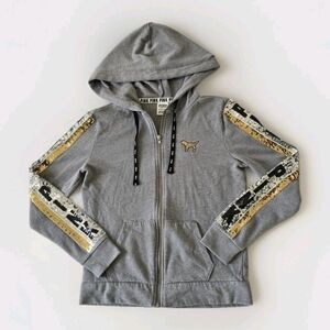 Victoria Secret Pink Bling Silver Gold Sequin Dog Logo Zip Gray Hoodie Size XS